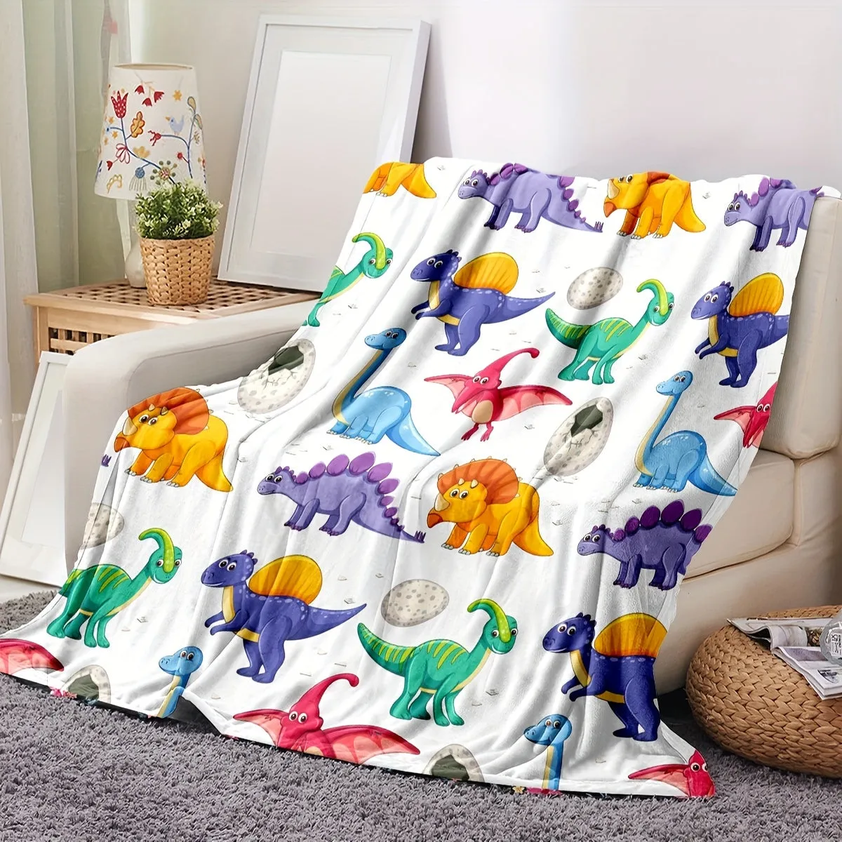 1pc Cozy Cartoon Dinosaur Pattern Flannel Blanket - Soft, Warm, and Plush for Living Room & Bedroom Decor - Perfect for Travel, Camping, and Home Snuggling