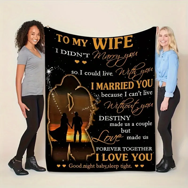 1pc Soft Flannel Blanket with Creative Text Pattern - Cozy Multi-Purpose Gift for Wife, Family, and Friends for All Seasons - Perfect for Holiday, Birthday, Anniversary, and Everyday Use