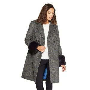 A New Day Women's Plaid Double Breasted Wool Overcoat with Fur Trim