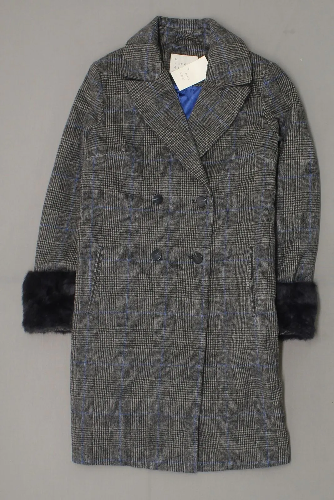 A New Day Women's Plaid Double Breasted Wool Overcoat with Fur Trim