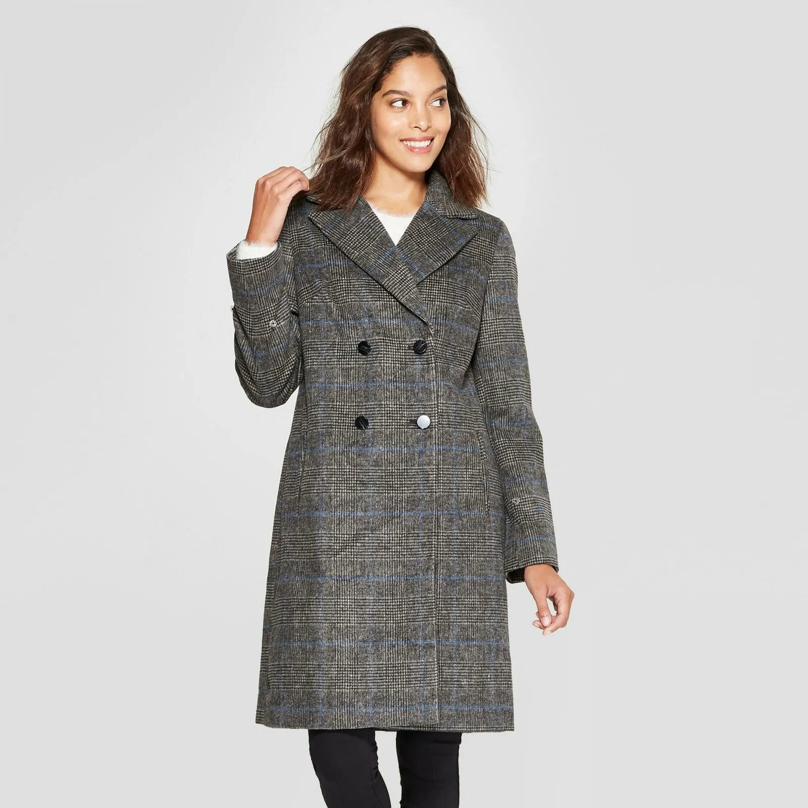 A New Day Women's Plaid Double Breasted Wool Overcoat with Fur Trim