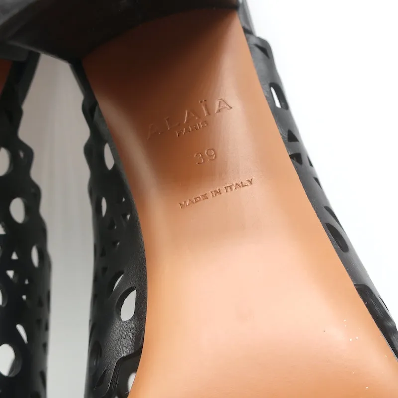 Alaia Laser Cut Leather Mules Black Size 39 Open Toe Heels