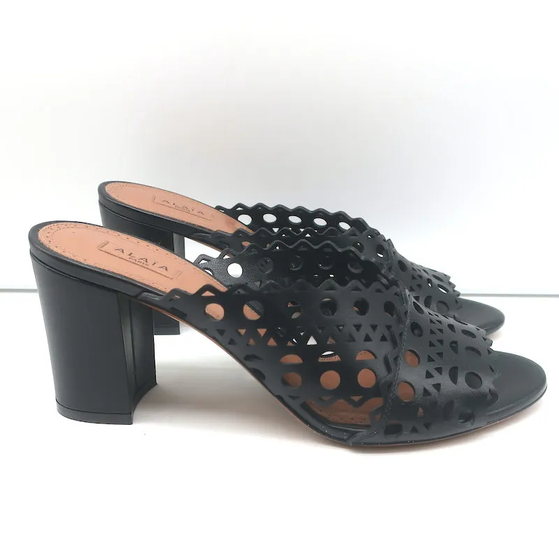 Alaia Laser Cut Leather Mules Black Size 39 Open Toe Heels