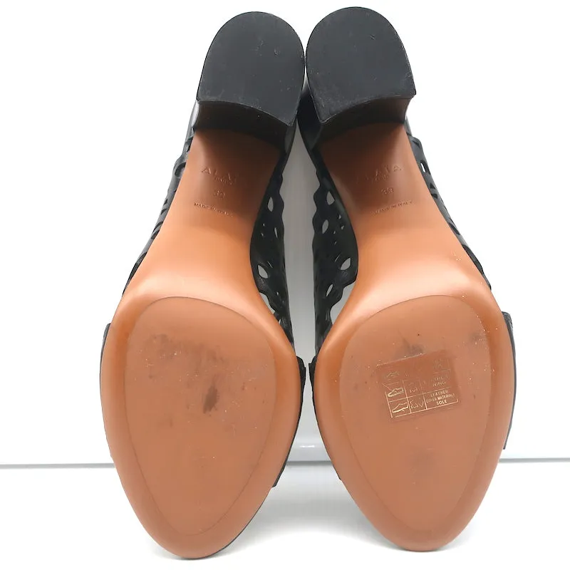Alaia Laser Cut Leather Mules Black Size 39 Open Toe Heels