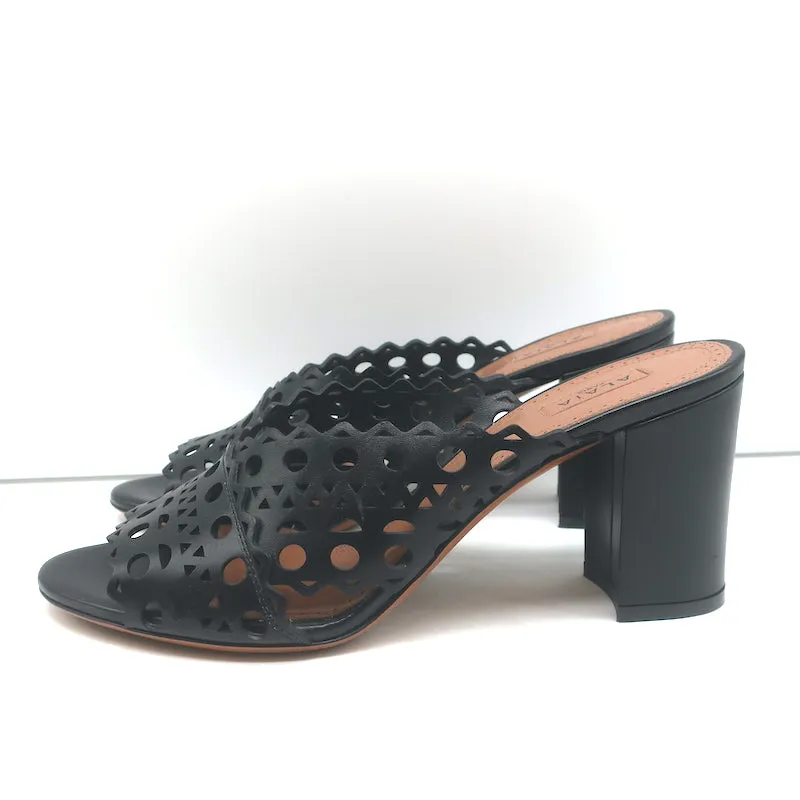 Alaia Laser Cut Leather Mules Black Size 39 Open Toe Heels