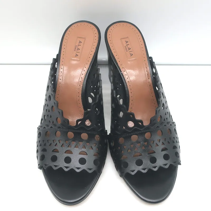 Alaia Laser Cut Leather Mules Black Size 39 Open Toe Heels