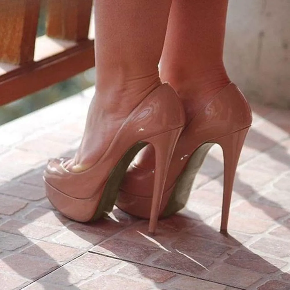 Apricot Patent Leather Peep Toe Platform Pumps