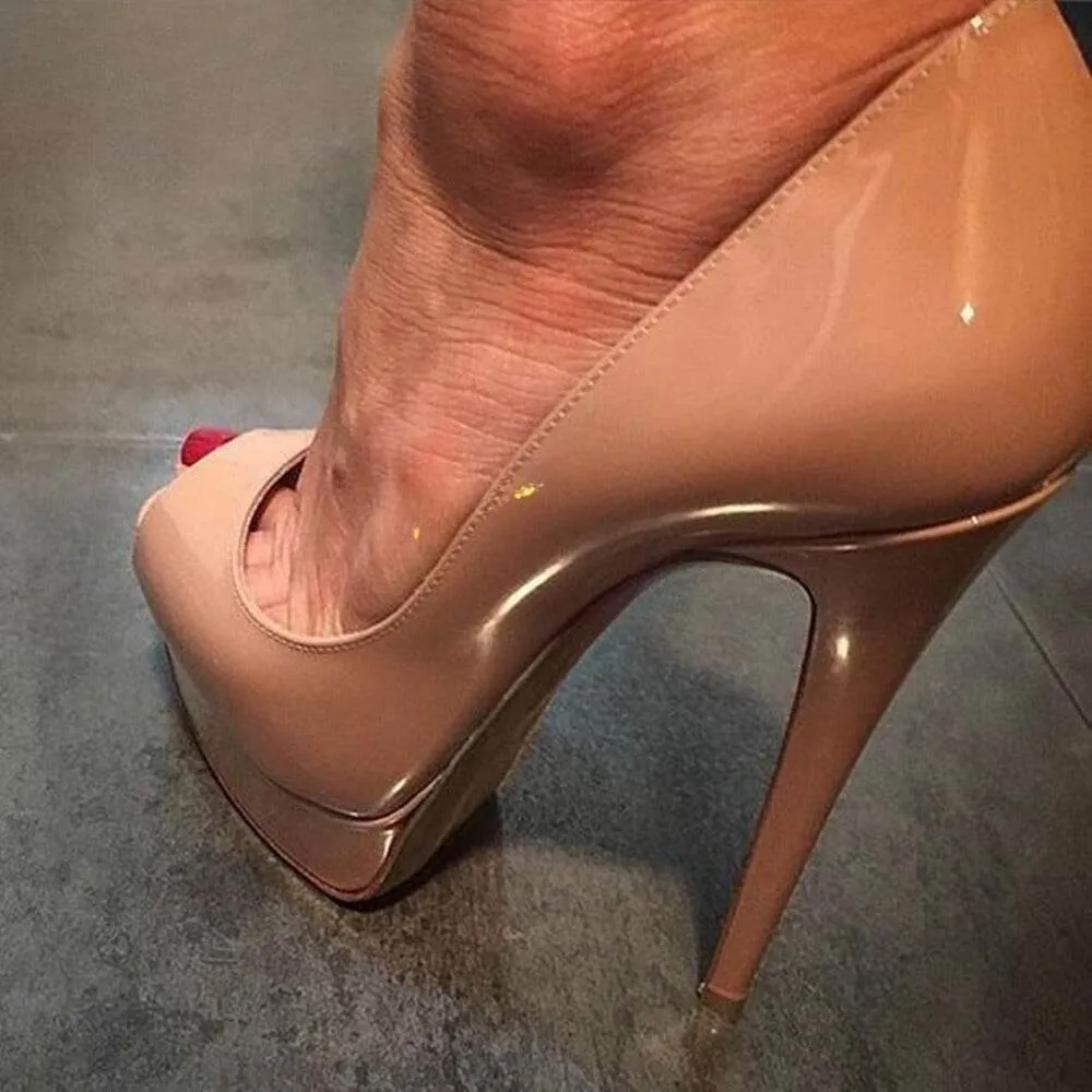 Apricot Patent Leather Peep Toe Platform Pumps