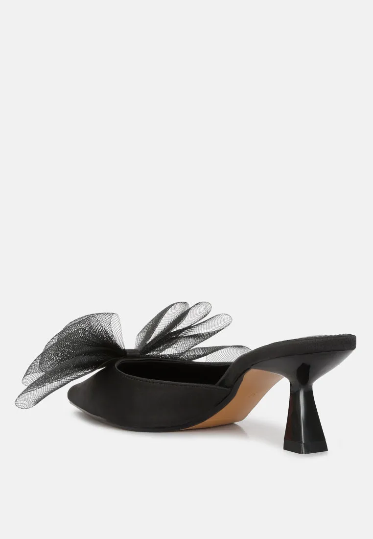 Asma Organza Bow Embellished Satin Mules By RAG