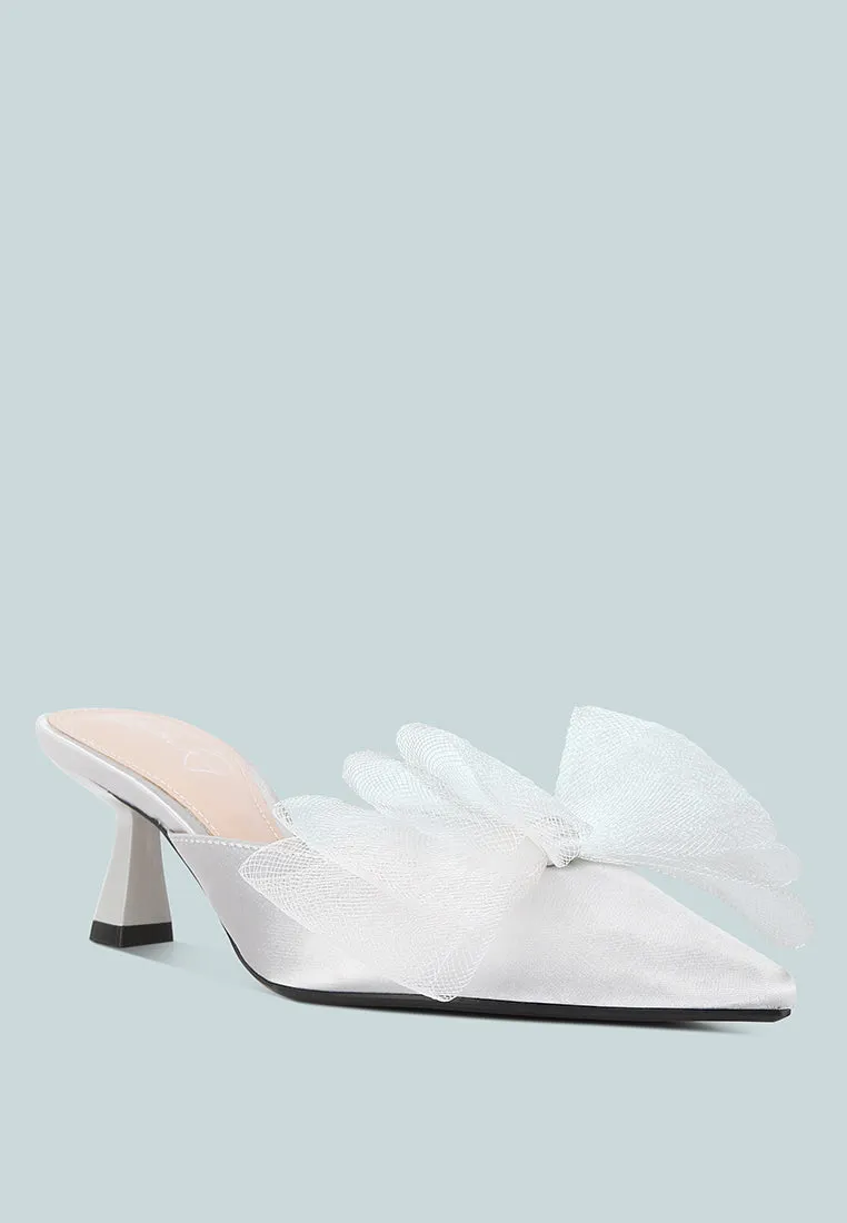 Asma Organza Bow Embellished Satin Mules By RAG