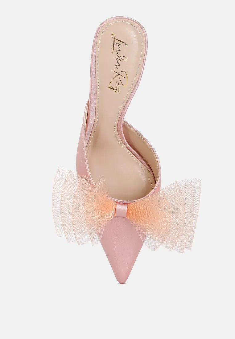Asma Organza Bow Embellished Satin Mules By RAG
