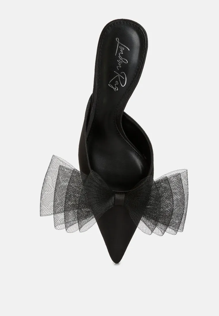 Asma Organza Bow Embellished Satin Mules By RAG