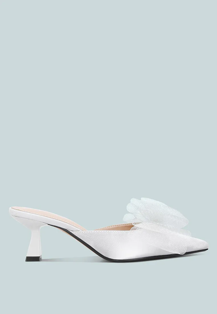 Asma Organza Bow Embellished Satin Mules By RAG