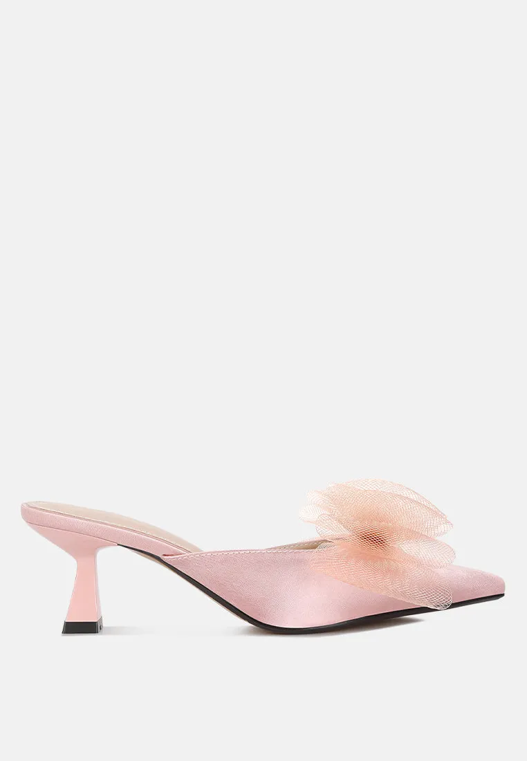 Asma Organza Bow Embellished Satin Mules By RAG