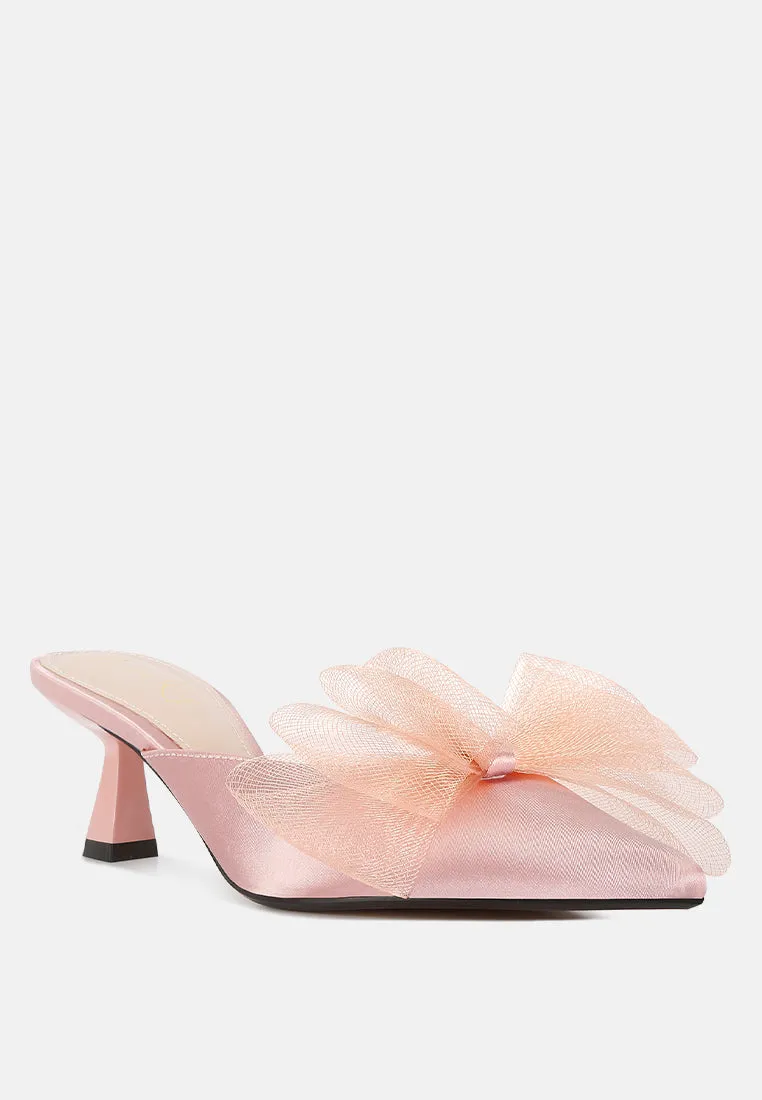 Asma Organza Bow Embellished Satin Mules By RAG