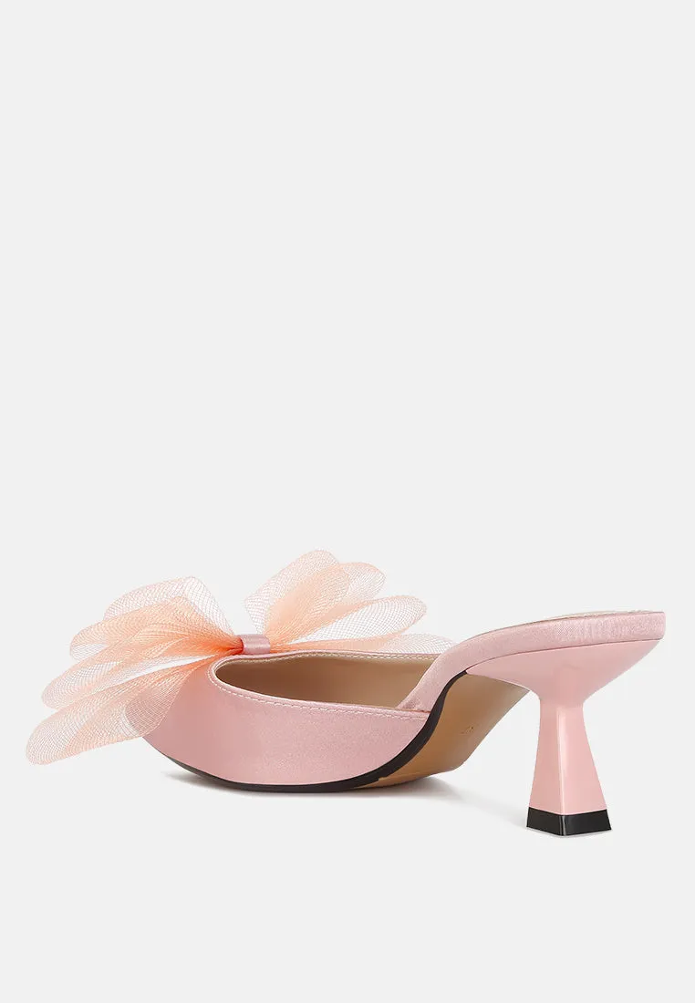 Asma Organza Bow Embellished Satin Mules By RAG