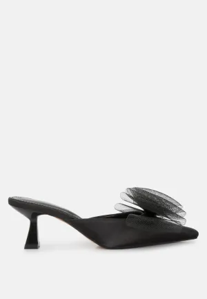Asma Organza Bow Embellished Satin Mules By RAG