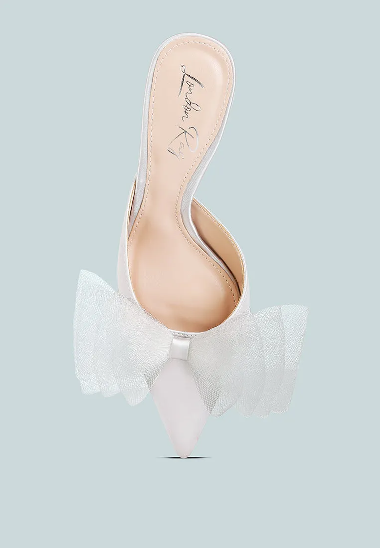 Asma Organza Bow Embellished Satin Mules By RAG