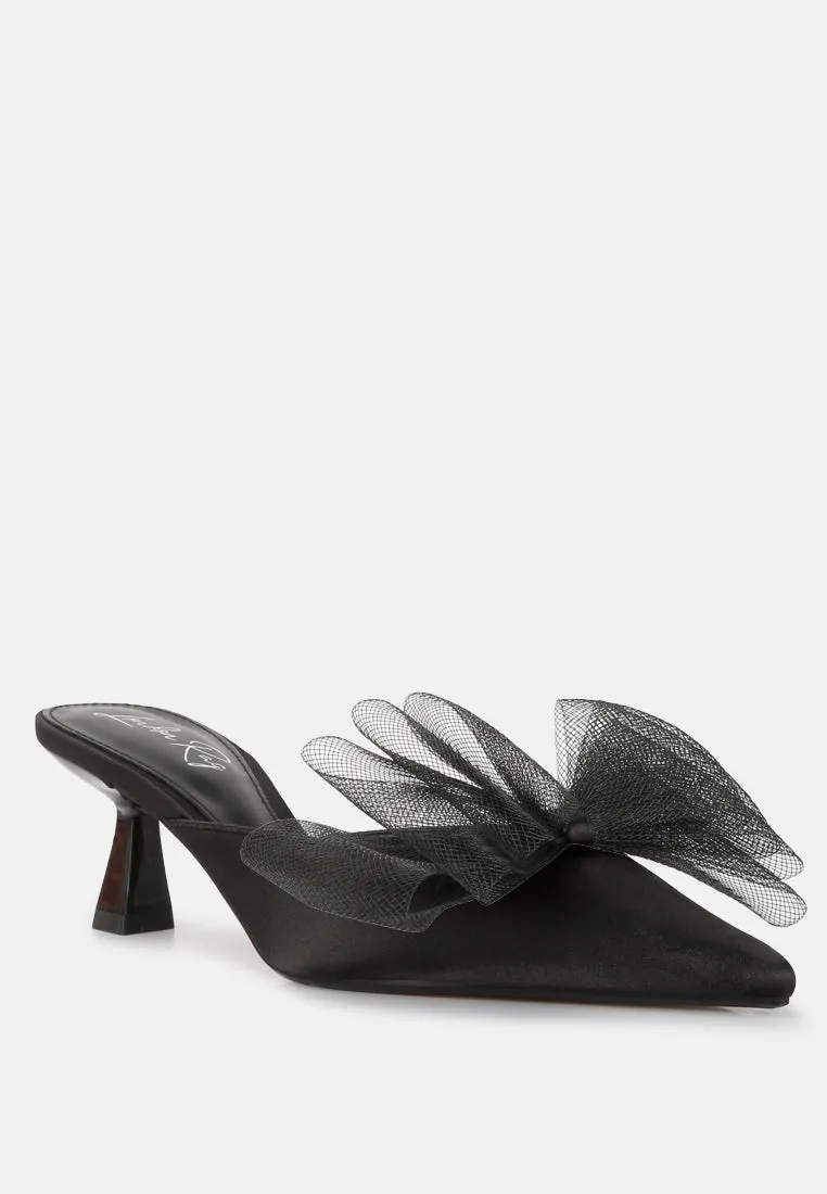 Asma Organza Bow Embellished Satin Mules By RAG
