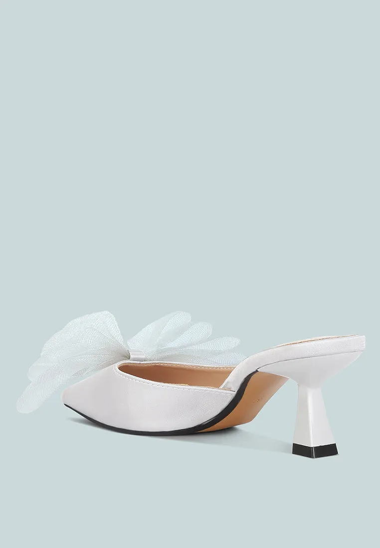 Asma Organza Bow Embellished Satin Mules By RAG