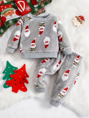 Baby Boys Christmas Fashion Autumn Winter Flannel Suit Children's Warm New Sweatshirt   Pants Two-piece Set Outdoor Wear