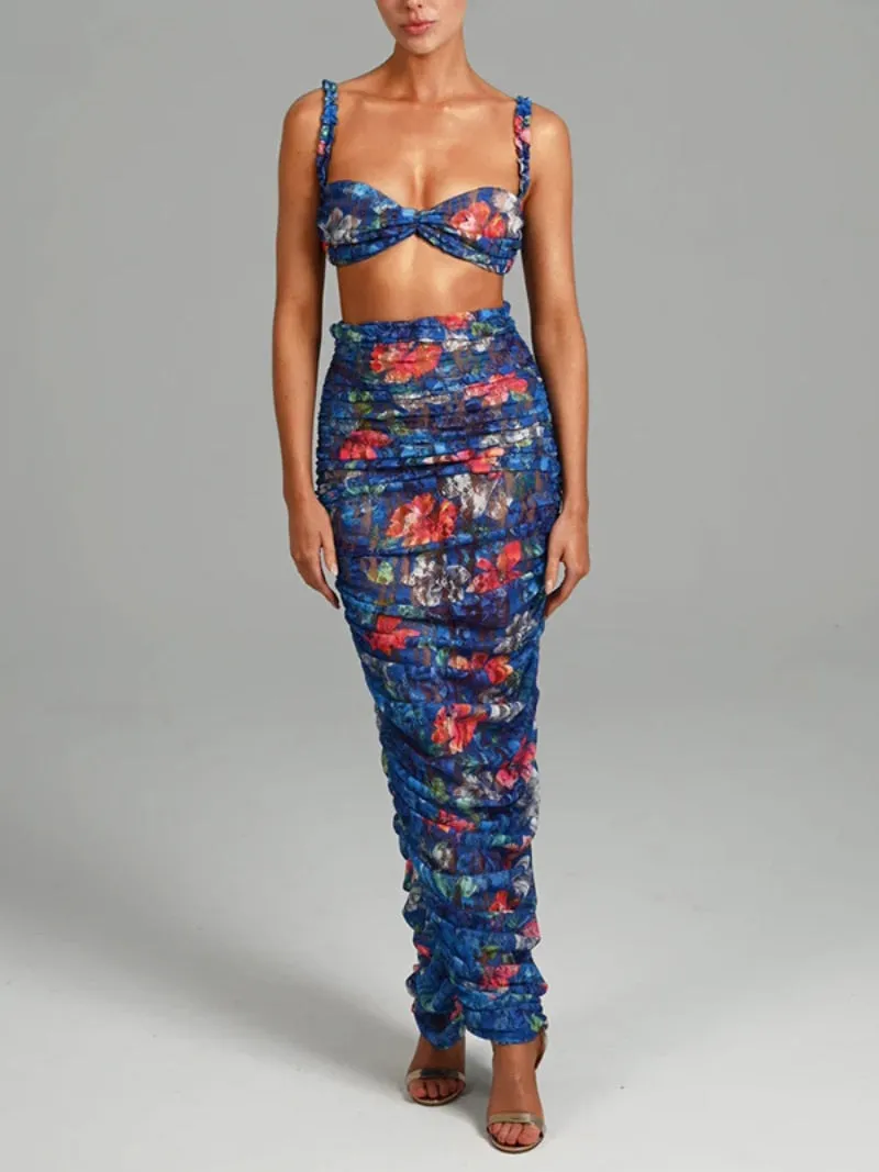 BACK TO COLLEGE    Fashion Lace Patchwork Floral Print See Through Long Dress Set Women Outfit Fashion Camisoles and Skirt Two Piece Sets