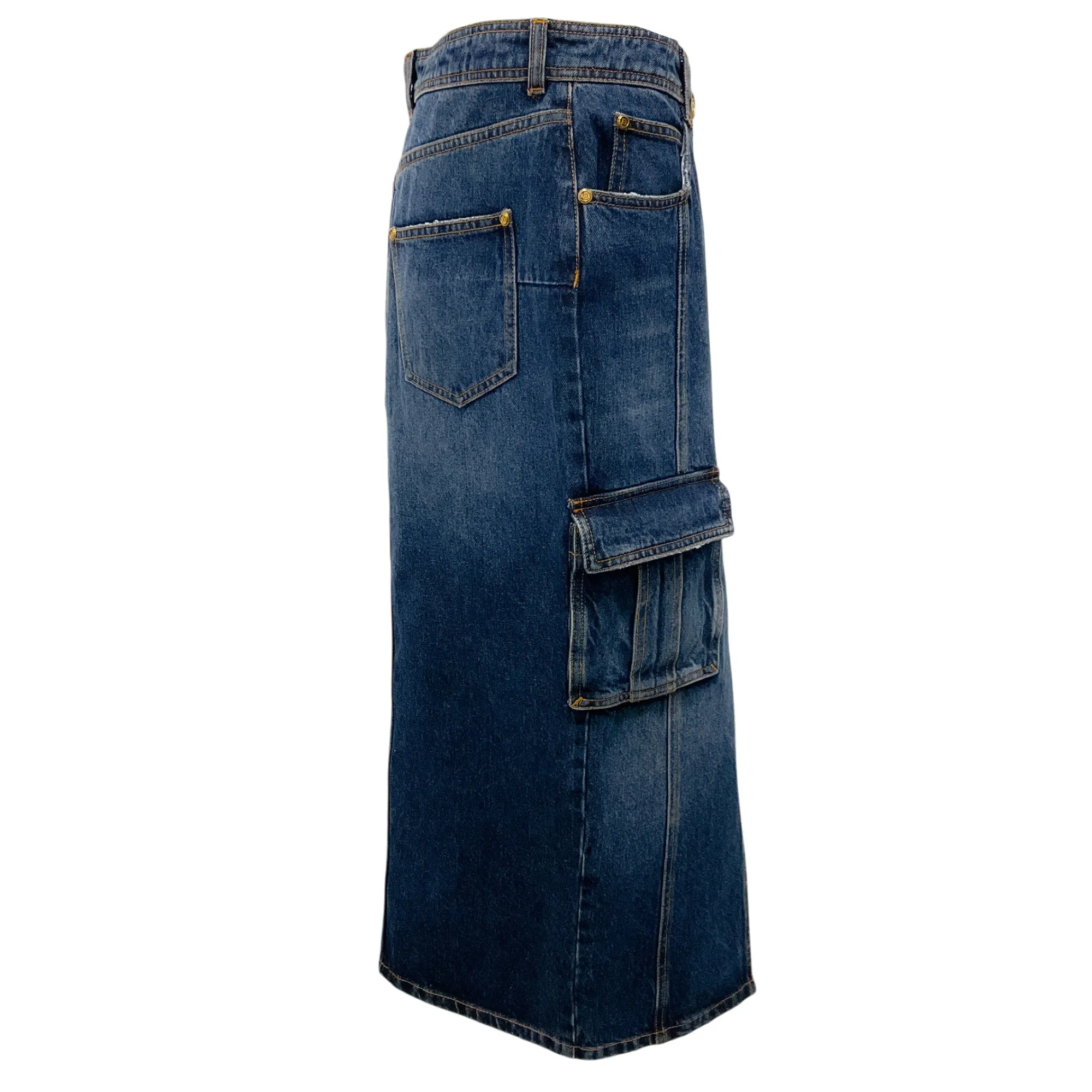 Balmain Dark Denim Cargo Midi Skirt