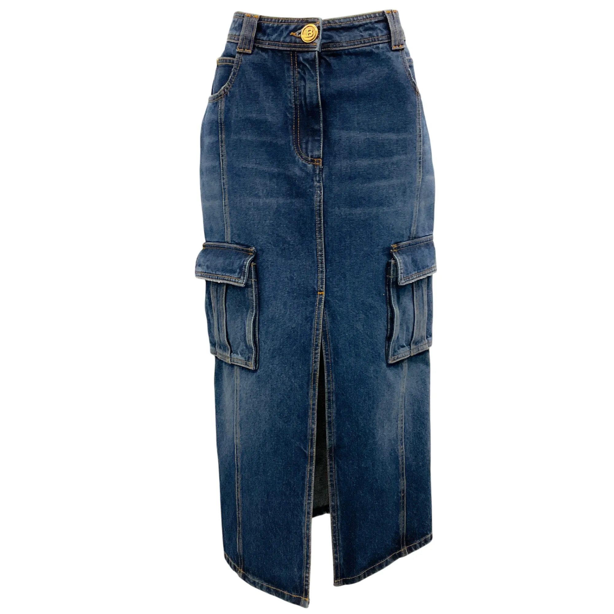Balmain Dark Denim Cargo Midi Skirt