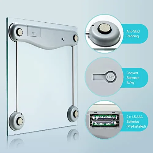 Bathroom Scale for Body Weight, Digital Weighing Machine for People, Accurate & Large LCD Backlight Display, 6mm Tempered Glass, 400 lbs