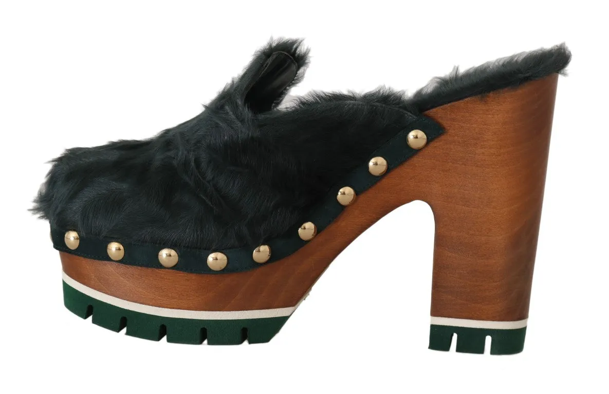 Black Green Xiangao Fur Crystal Mules