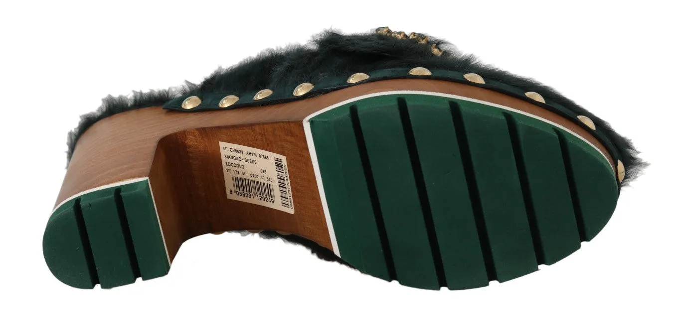 Black Green Xiangao Fur Crystal Mules