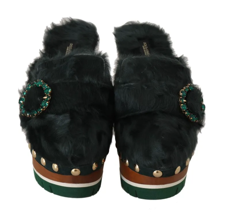 Black Green Xiangao Fur Crystal Mules