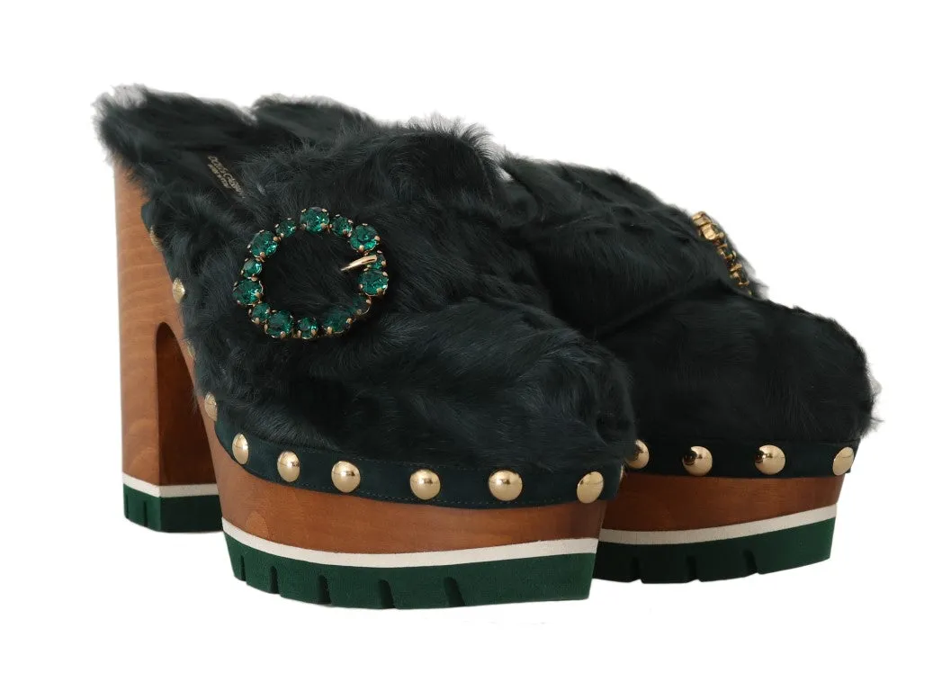 Black Green Xiangao Fur Crystal Mules