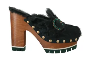 Black Green Xiangao Fur Crystal Mules
