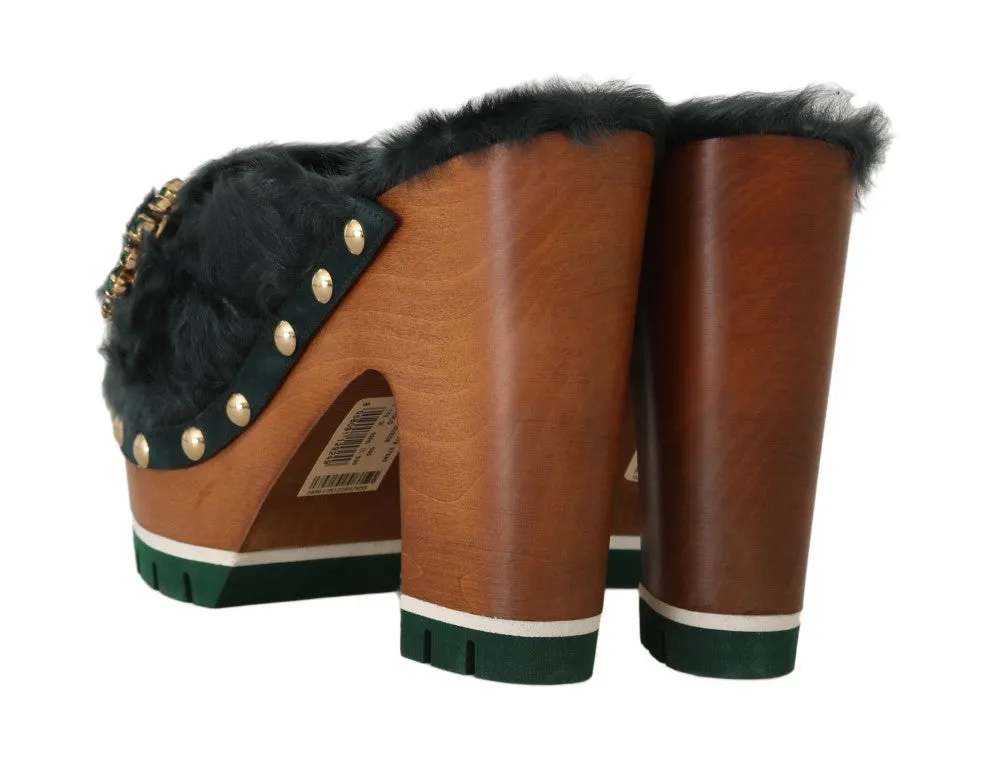 Black Green Xiangao Fur Crystal Mules