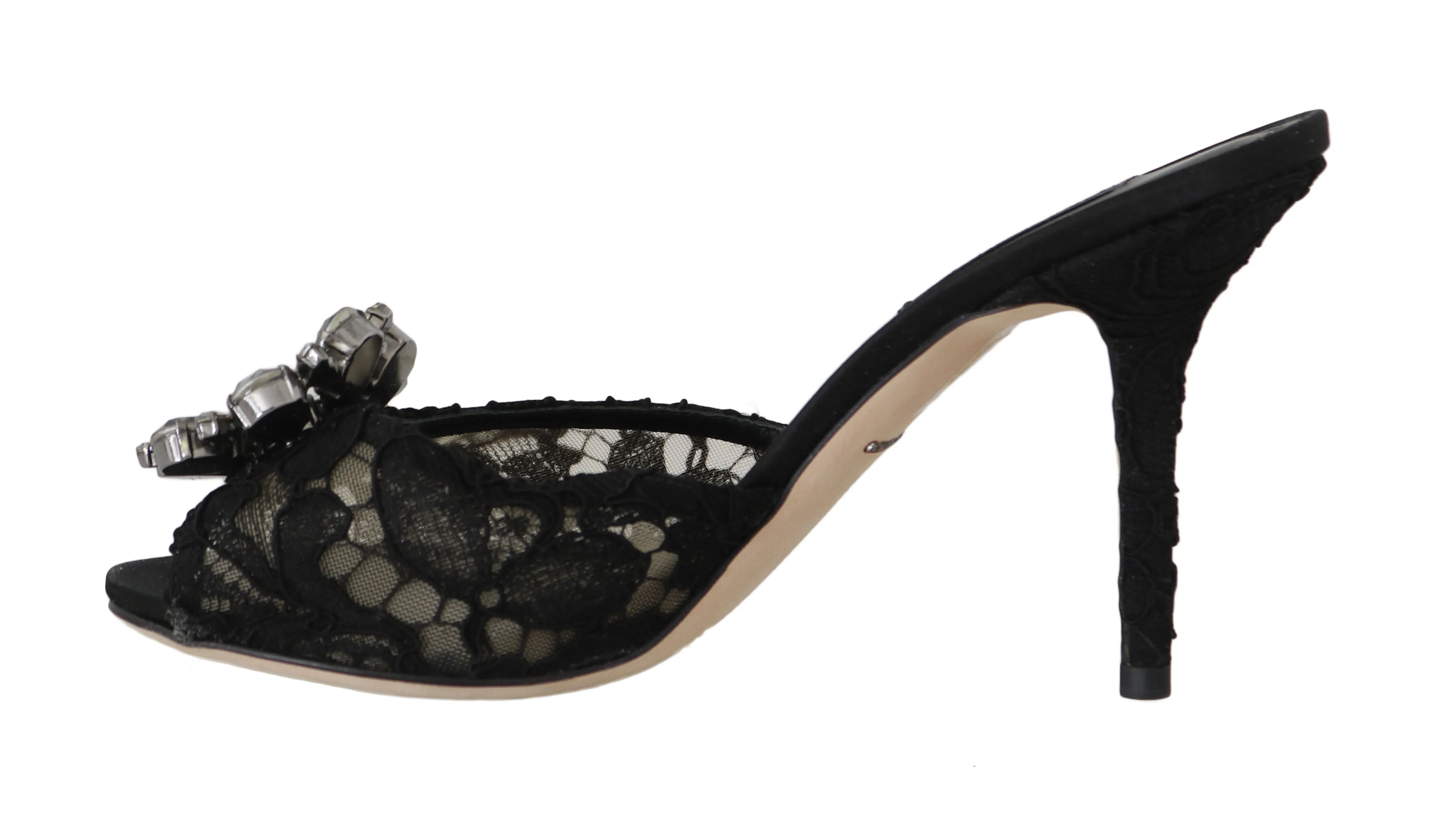 Black Lace Crystal Mules Slides