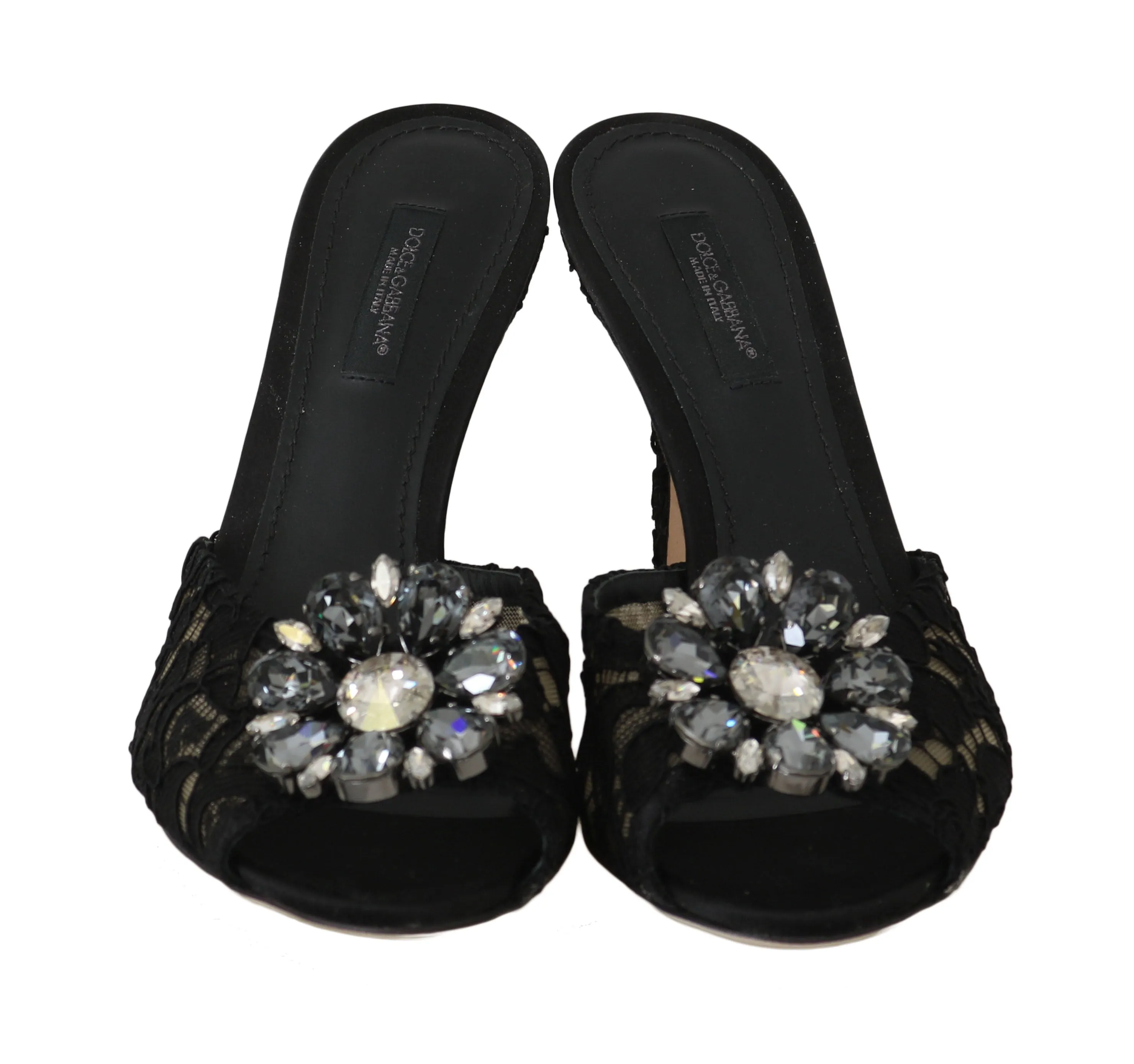 Black Lace Crystal Mules Slides