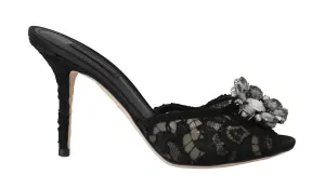 Black Lace Crystal Mules Slides