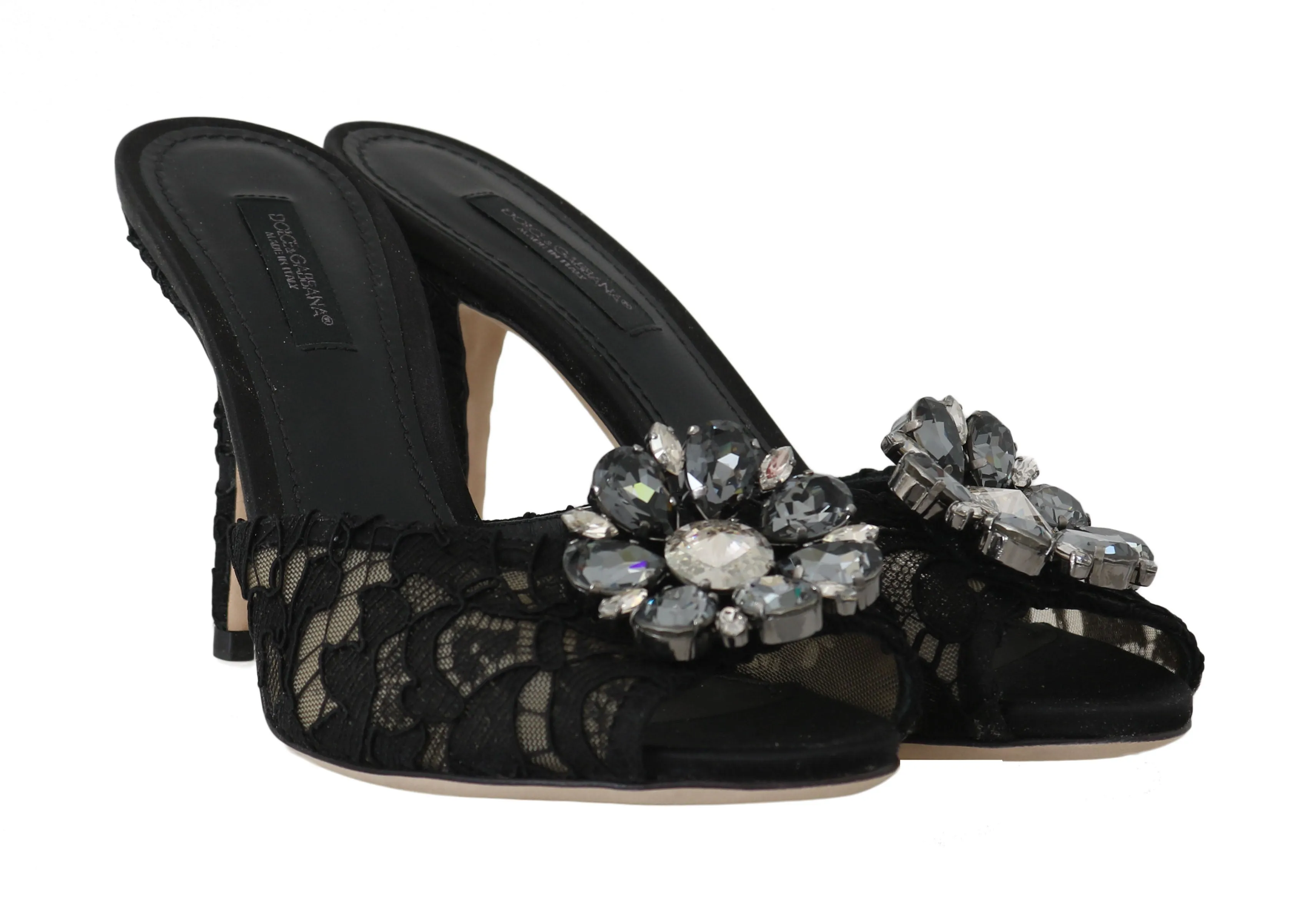 Black Lace Crystal Mules Slides