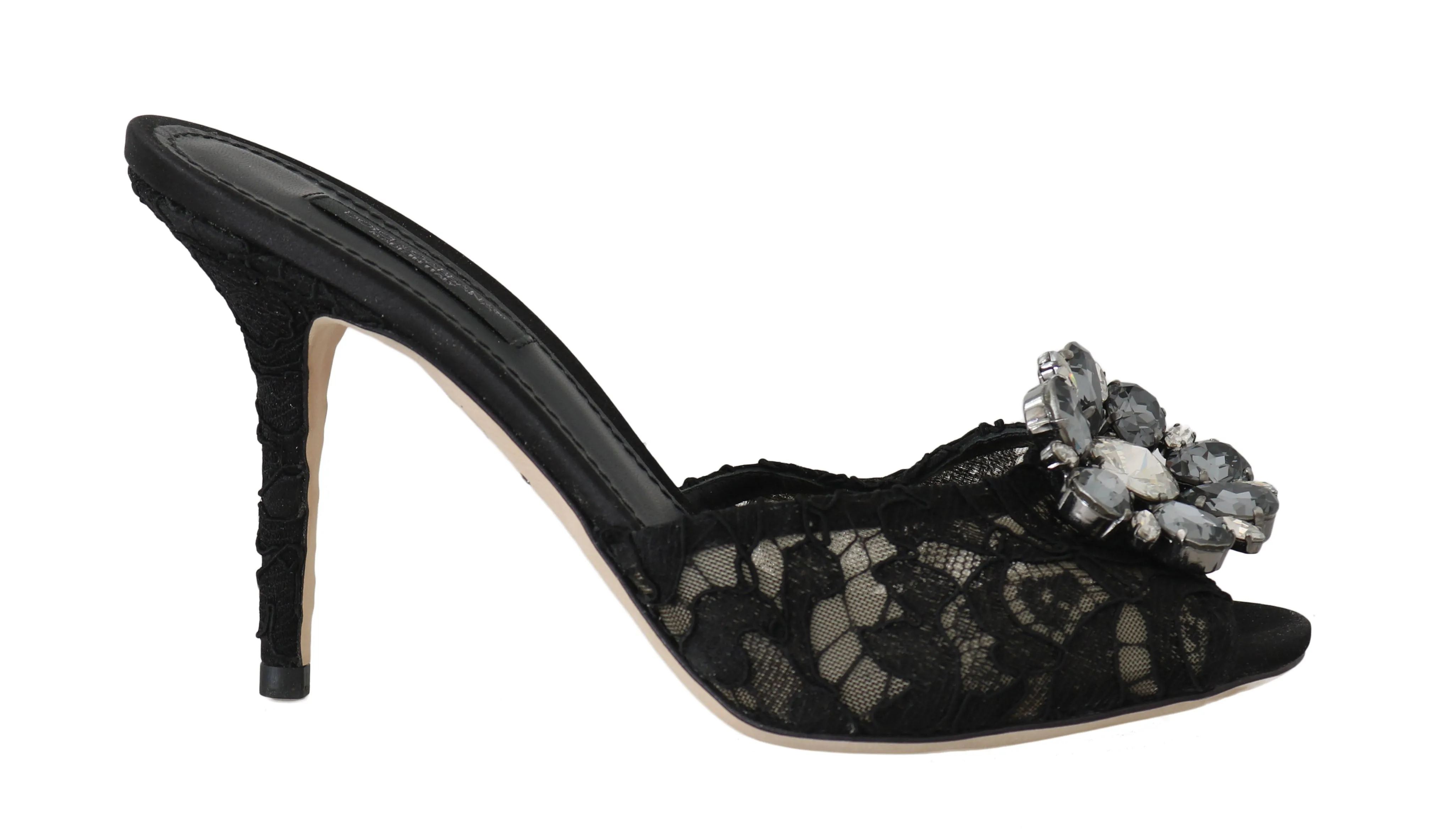 Black Lace Crystal Mules Slides