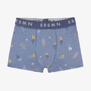 Boxer bleu à motifs de fusées, enfant || Blue boxer shorts with rockets all over print, child