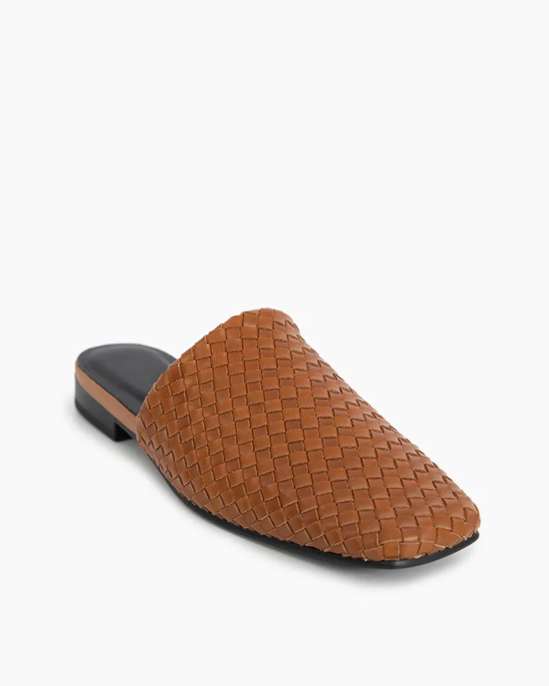 Brown Cowhide Woven Square Toe Flat Mules