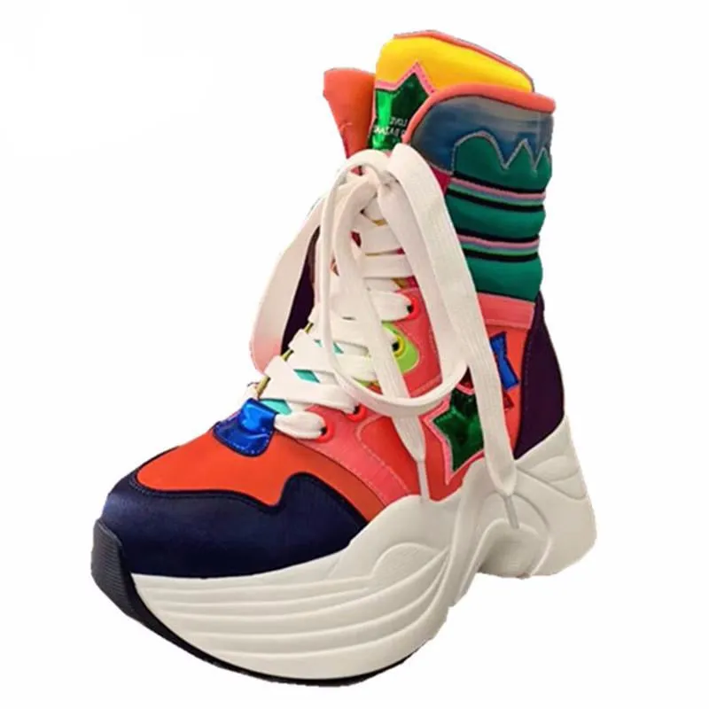 Butterfly-Knot Cross-tied Female Sneakers Shoes Colour Mixture Flat Platform Woman Shoes High-Top Platform Boots