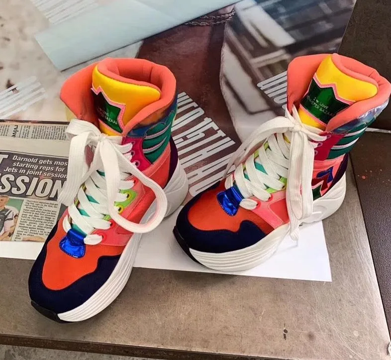 Butterfly-Knot Cross-tied Female Sneakers Shoes Colour Mixture Flat Platform Woman Shoes High-Top Platform Boots