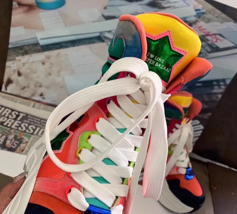 Butterfly-Knot Cross-tied Female Sneakers Shoes Colour Mixture Flat Platform Woman Shoes High-Top Platform Boots