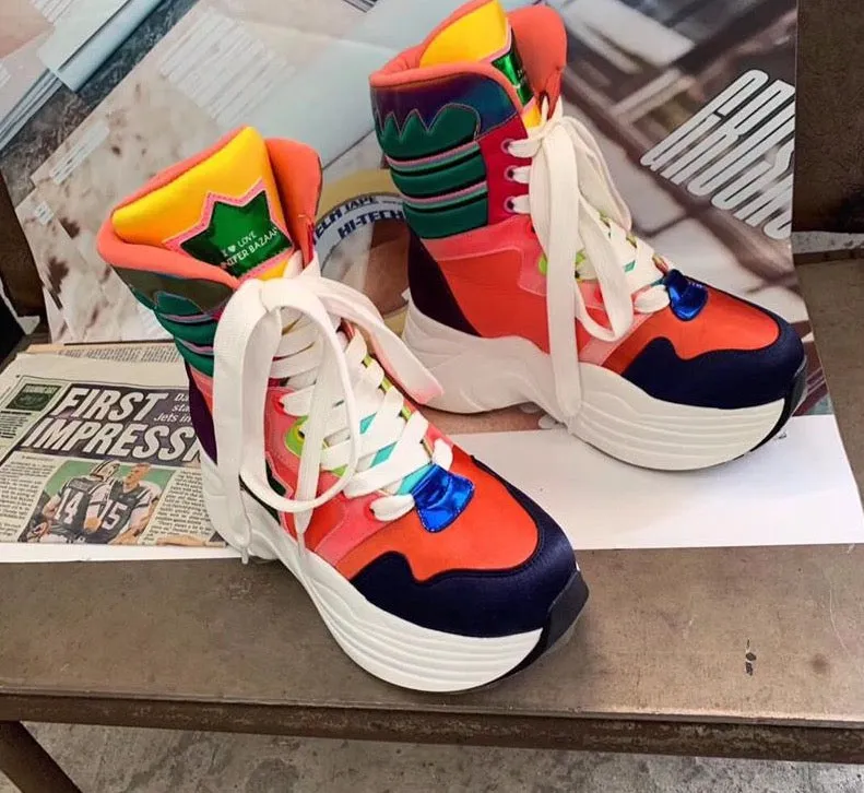 Butterfly-Knot Cross-tied Female Sneakers Shoes Colour Mixture Flat Platform Woman Shoes High-Top Platform Boots
