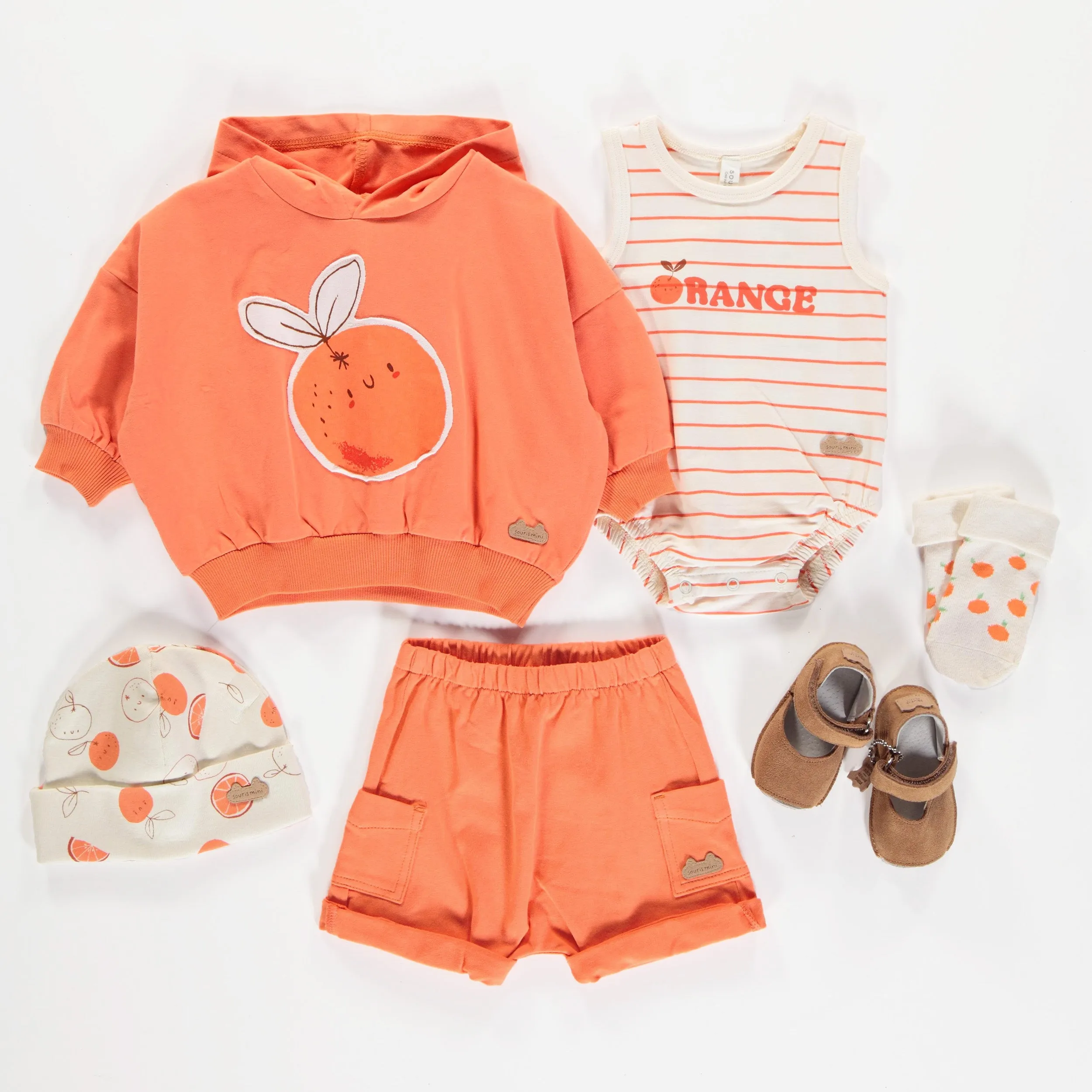 Cache-couche blanc à rayures oranges en coton biologique, naissance || White bodysuit with oranges stripes in organic cotton, newborn