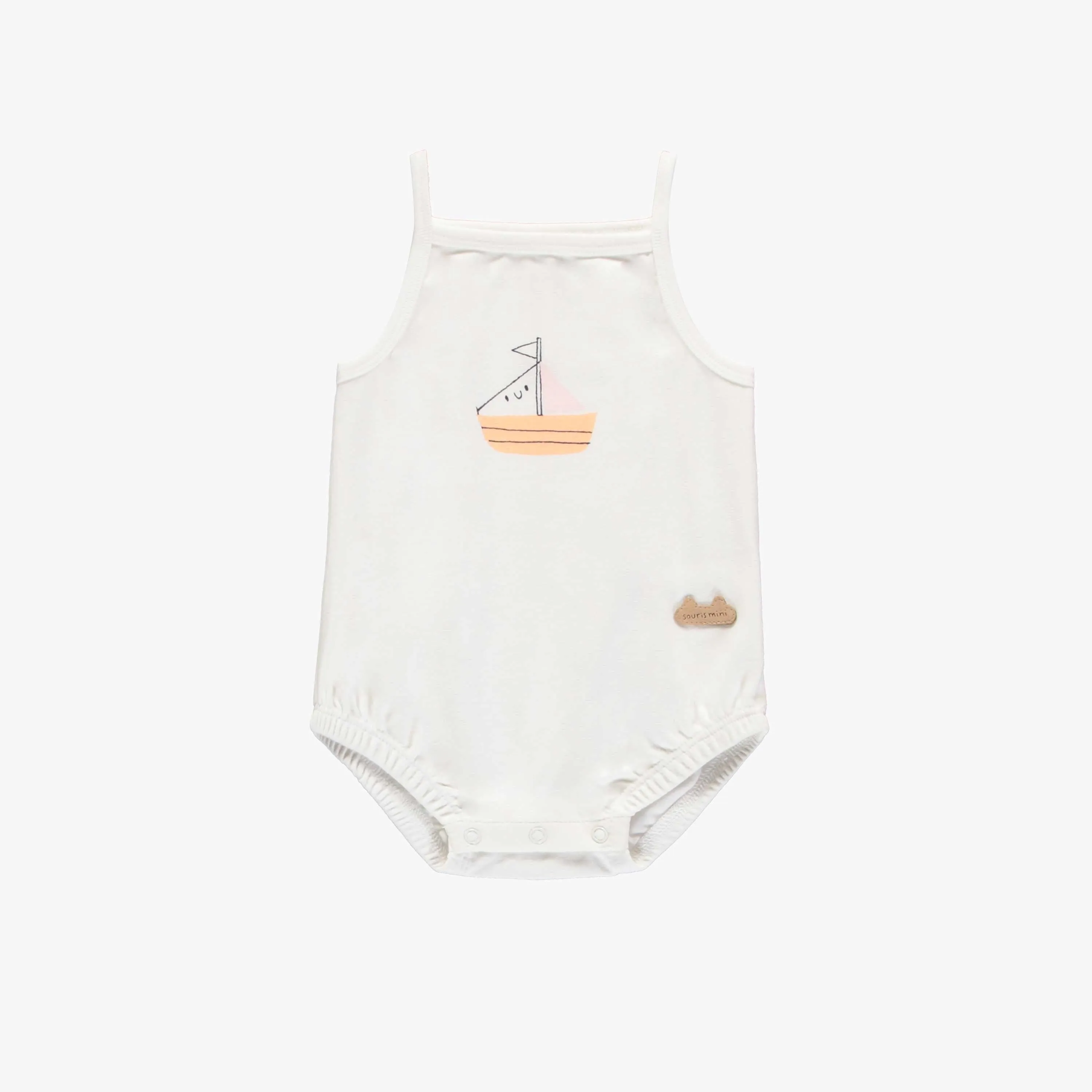 Cache-couche à bretelles minces blanc avec illustration de voilier en jersey, naissance || White thin straps bodysuit with sailboat illustration in jersey, newborn