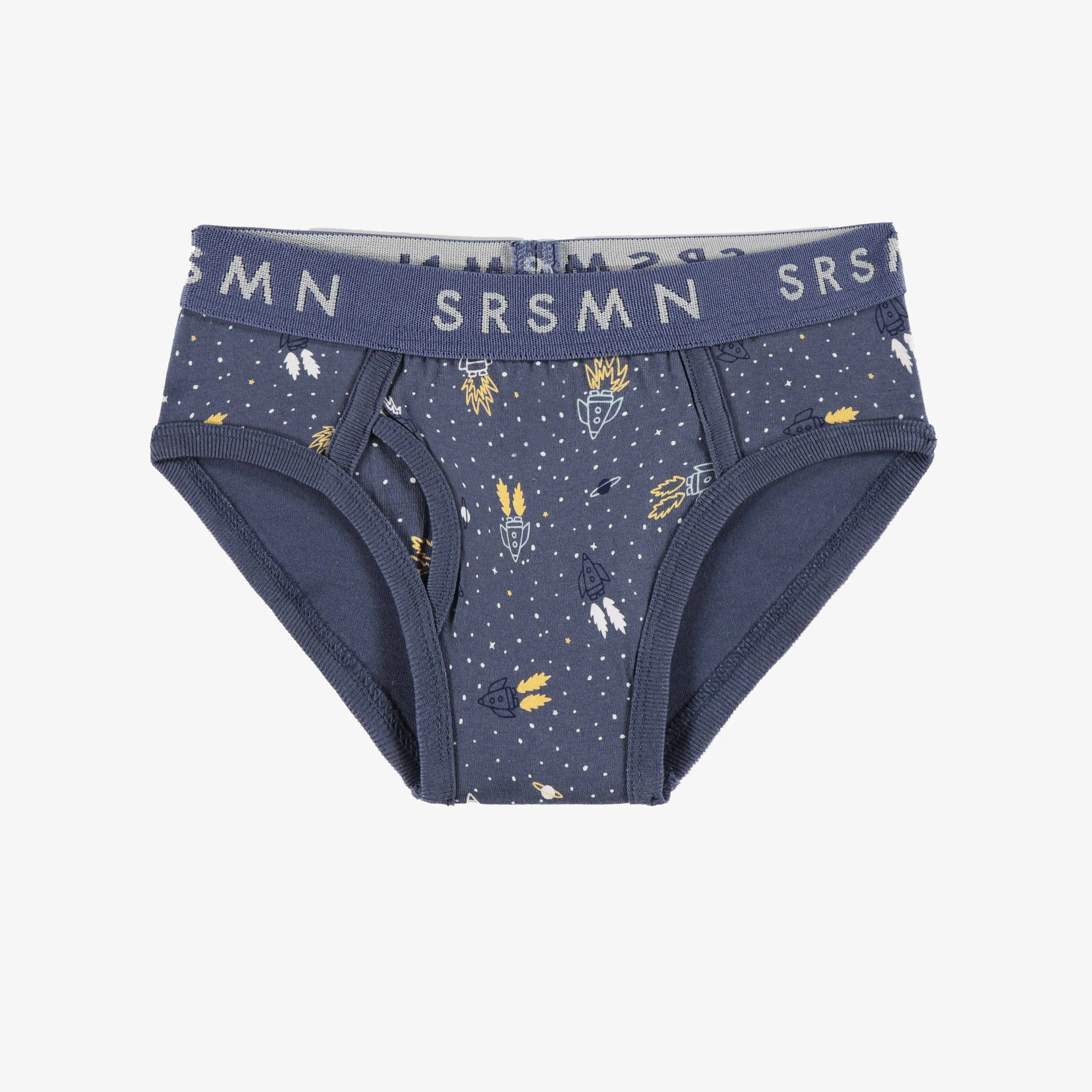 Caleçon ajusté bleu à motifs de fusées, enfant || Blue fitted briefs with rocket all over print, child