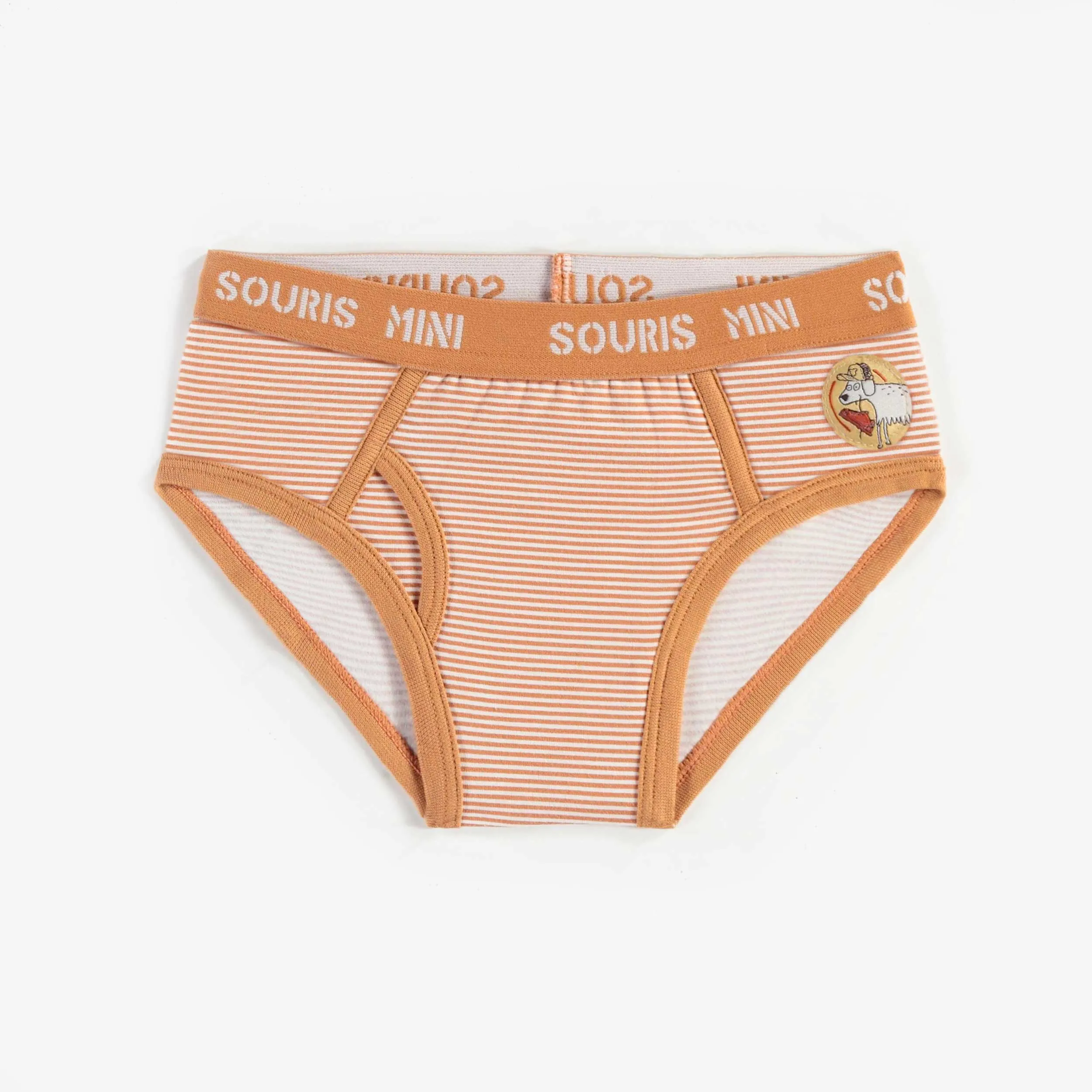 Caleçon brun pâle ligné en coton biologique extensible, enfant
 || Light brown striped brief in stretch organic cotton, child